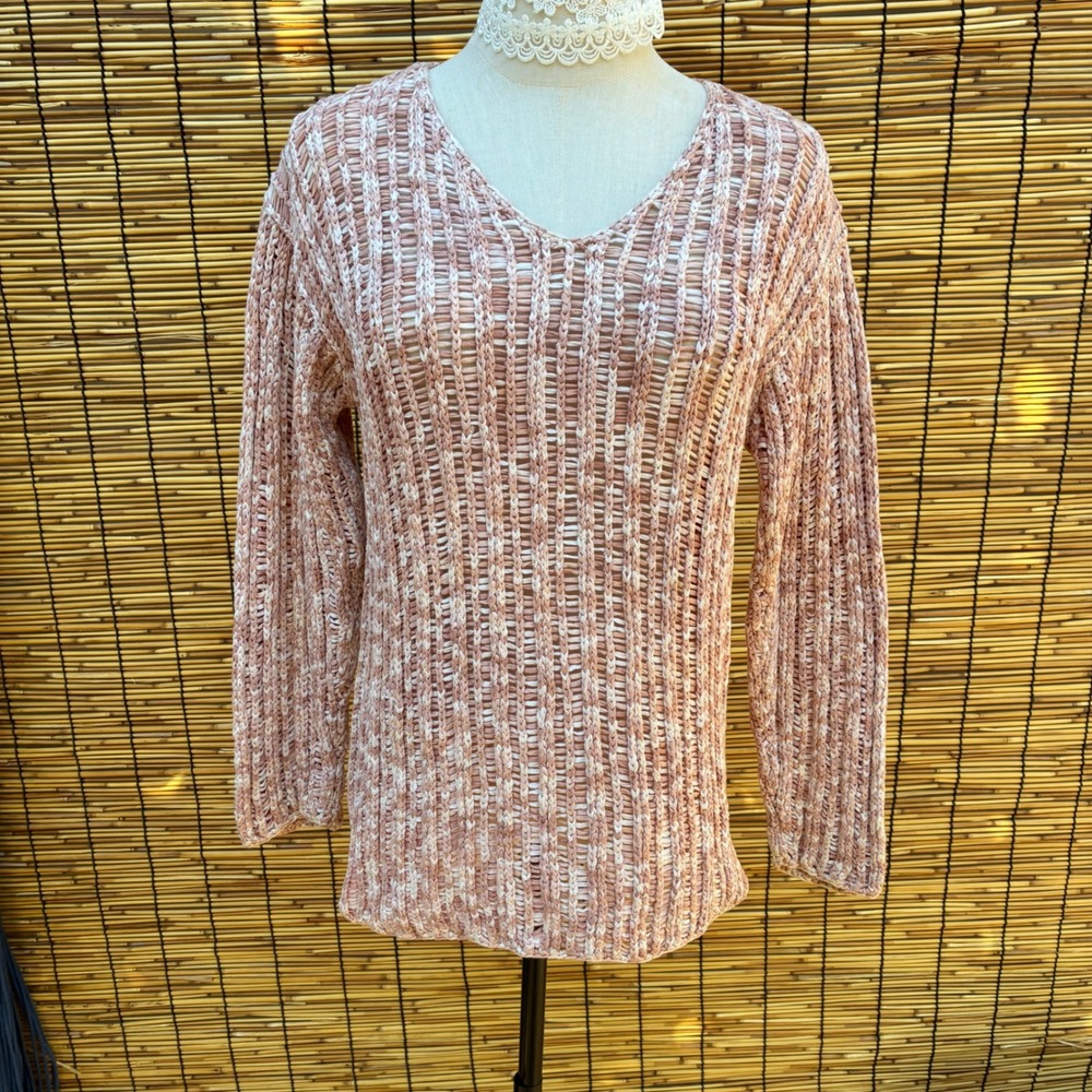 Tara Handknit V-Neck Sweater Peach Cream Variegated Rib Knit Mauritius Women L
